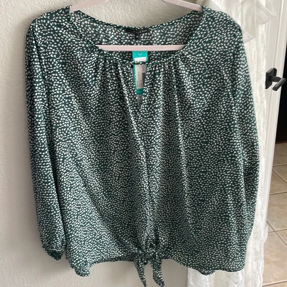 NWT dark green v-neck blouse with long sleeves. - Picture 1 of 8